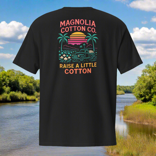 Raise A Little Cotton, “Because sometimes you gotta raise a little more than crops.” 😏  – Magnolia Cotton Co. Southern Sunset Pocket Tee
