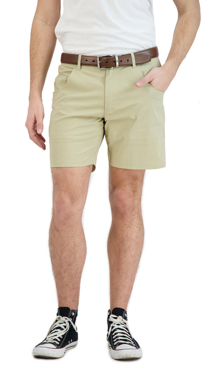 Everyday Stretch Shorts with a Comfortable Built-In Liner- Denim Style- Khaki